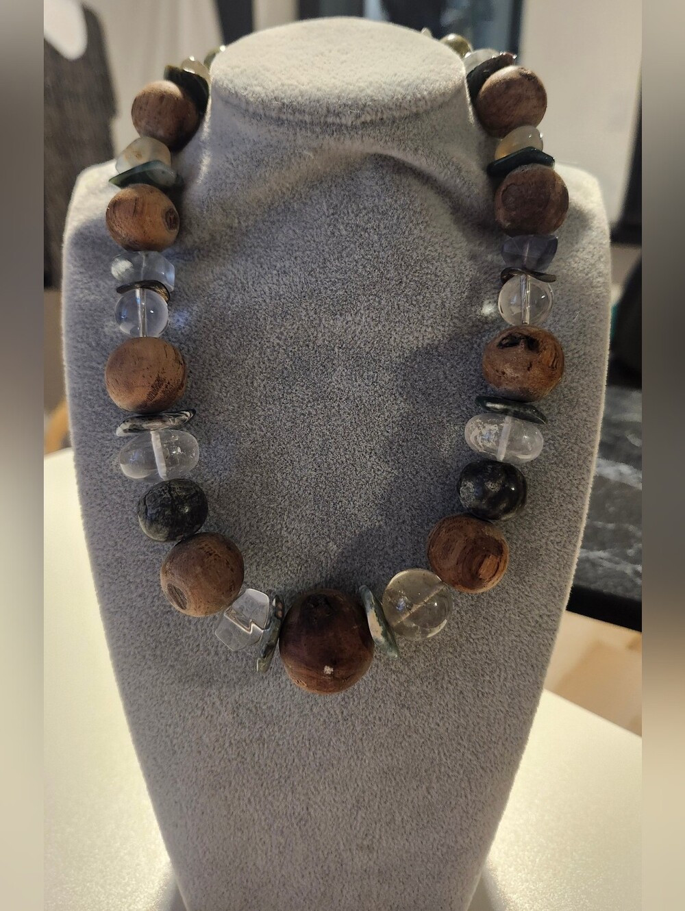 Unique, Rustic, Handcrafted Brown Wood, Stone & Clear Bead Statement Necklace